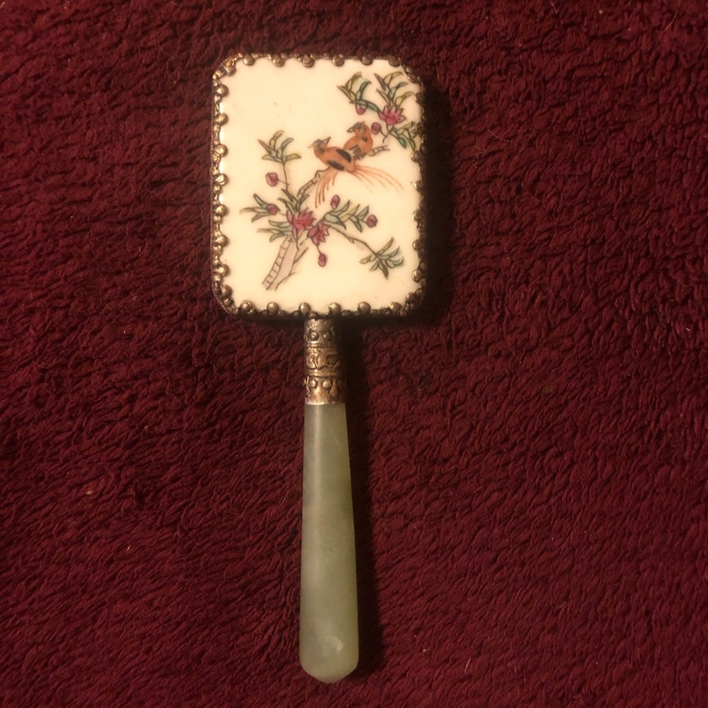 1960’s Vintage Pocket Mirror with Jade Handle and Porcelain Hand Painted Design